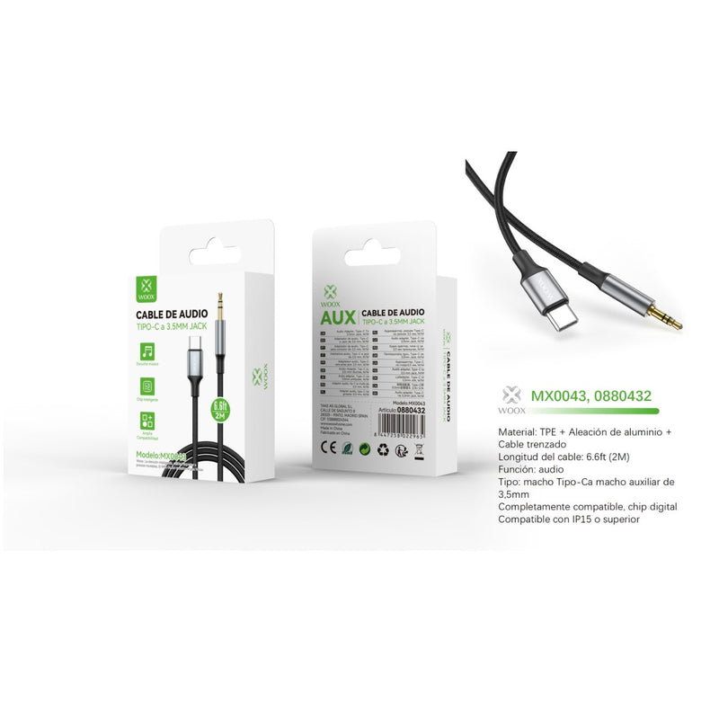 Cable de audio de 3,5 mm auxiliar a tipo C, 2 m,negro - MX0043