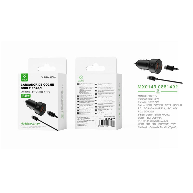 38W PD*2+QC coach charger with C-C cable (black) - MX0149 NE