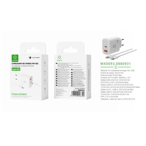 45 W UE QC+PD GaN wall charger with C-Lightning cable (white) - MX0093 BL