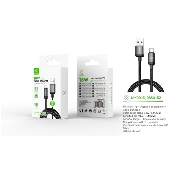 USB to Type C data cable 18W 2 m black - MX0015 NE