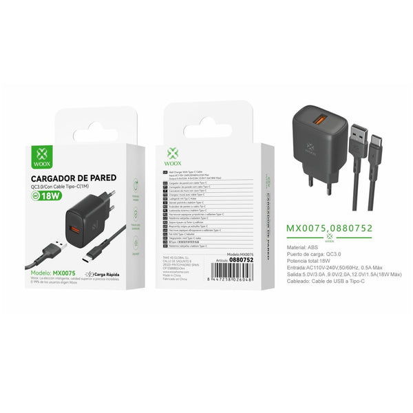 USB wall charger ¨2 single EU QC18W with USB to type C cable (black) - MX0075 NE