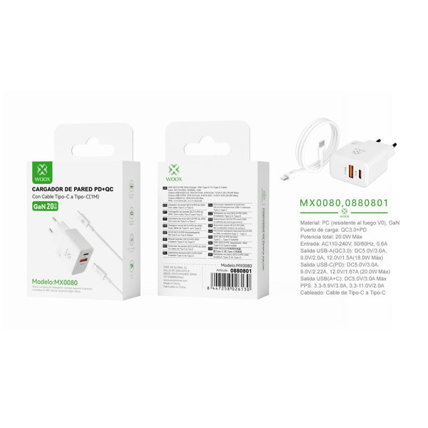 20 W UE QC+PD GaN wall charger with DC cable (white) - MX0080 BL