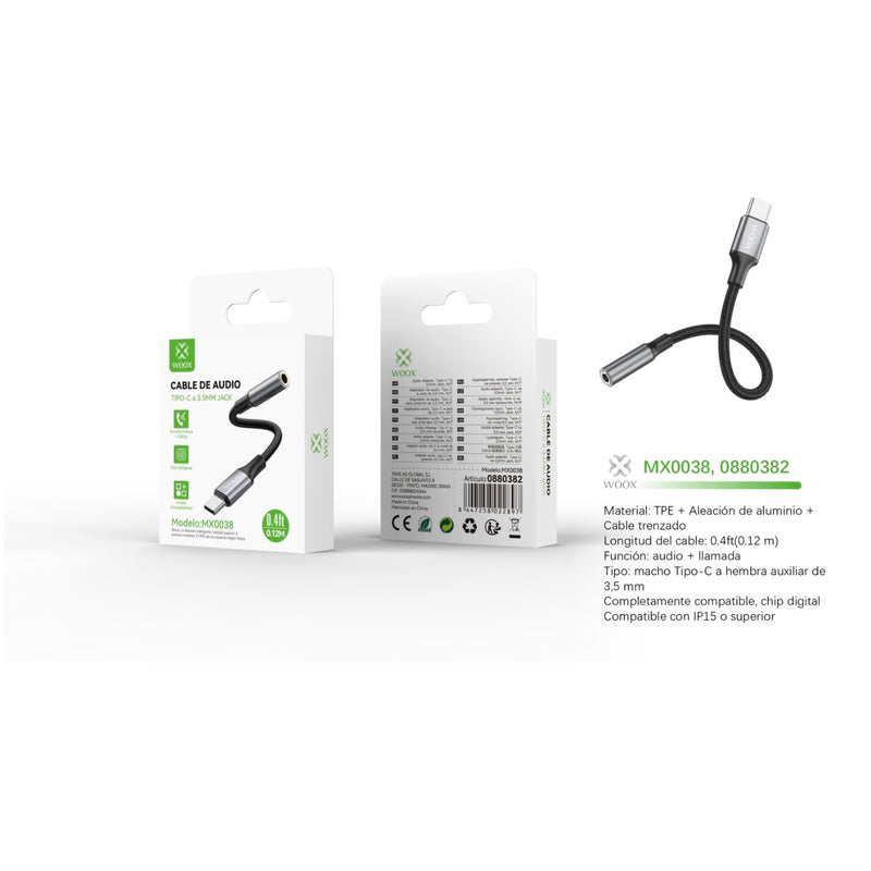 Cable de audio de 3,5 mm auxiliar/F a tipo C, 0,12m, negro - MX0038 NE