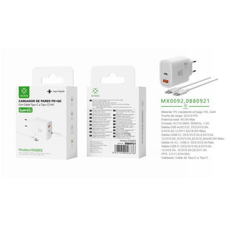 45 W UE QC+PD GaN wall charger with DC cable (white) - MX0092 BL