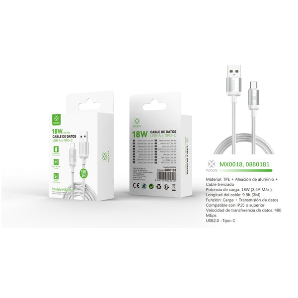 USB to Type C data cable 18 W 3 m white - MX0018 BL