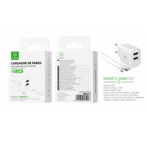 EU 5 V/2.4 A double USB wall charger with USB to Lightning cable (white) - MX0073 BL