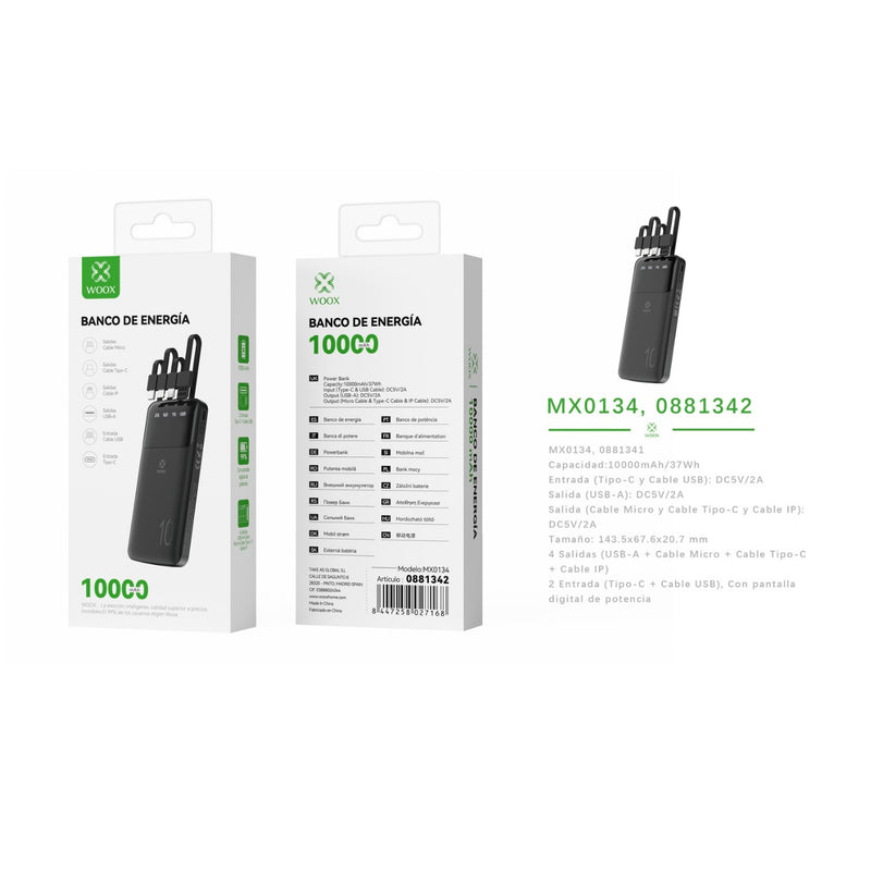 Power bank 10000 mAh 5 V 2 A with 4 ABS + PC cables (black) - MX0134 NE