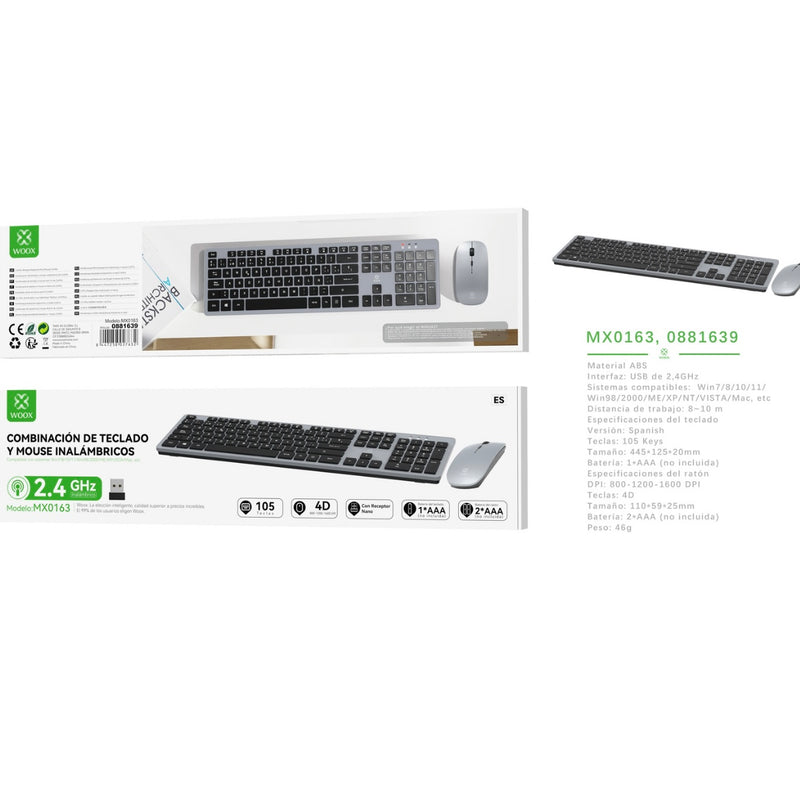 2.4G wireless keyboard and mouse combo with 800-1200-1600 DPI, 1 AA battery (not included), - MX0163