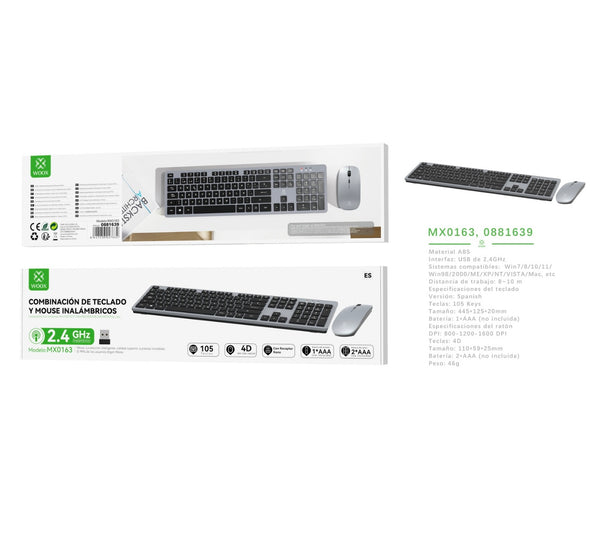 2.4G wireless keyboard and mouse combo with 800-1200-1600 DPI, 1 AA battery (not included), - MX0163